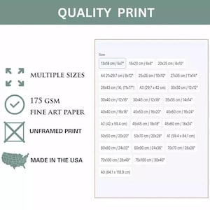 May include: A print advertisement with the text "QUALITY PRINT" and size options in centimeters and inches. Features include "MULTIPLE SIZES", "175 GSM FINE ART PAPER", "UNFRAMED PRINT", and "MADE IN THE USA".