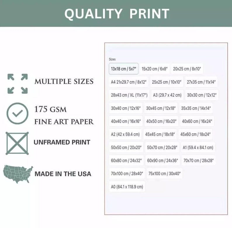 May include: A print advertisement with the text "QUALITY PRINT" and size options in centimeters and inches. Features include "MULTIPLE SIZES", "175 GSM FINE ART PAPER", "UNFRAMED PRINT", and "MADE IN THE USA".