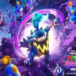 May include: A vibrant movie poster for "The Super Mario Galaxy Movie" features a blue and yellow character with a weapon, surrounded by other animated creatures and a swirling purple portal. The text "ONLY IN THEATERS APRIL 1" is also visible.