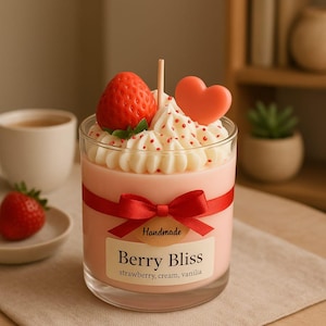 Handmade Strawberry Vanilla Candle, Soy Wax Dessert Candle, Tropical Coconut Scent, Gift for Her, Home Decor, Cute Candle with Cream