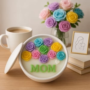 Mother’s Day Candle Gift, Floral Soy Wax Candle with Rose Design, Handmade Scented Candle, Colorful Decorative Mom Candle
