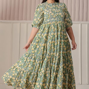 Floral Block Print Baumwollkleid für Frauen | Langes Kleid mit Knöpfen