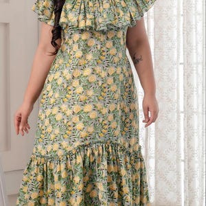 Ringelblumen Rüschen-Blumen-Block-Print Baumwollkleid für Frauen