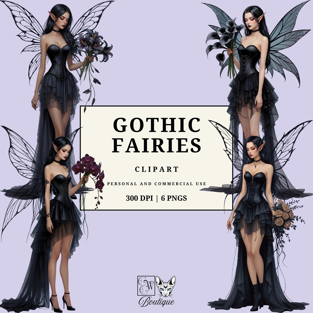 Gothic Fairy Clipart With Flowers, Dark Fantasy Fairies PNG, Black Wing ...