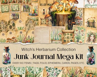 Pode incluir: Uma coleção de efêmeras de diário de lixo em estilo vintage, incluindo etiquetas, cartões e páginas. O design apresenta ilustrações botânicas, cogumelos e o texto "Witch's Herbarium Collection Junk Journal Mega Kit".