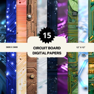 Könnte beinhalten: Eine Sammlung von 15 digitalen Papieren mit Leiterplattenmustern in verschiedenen Farben. Die Papiere messen 30,48 cm x 30,48 cm und haben eine Auflösung von 3600 x 3600. Die Designs umfassen Kupfer-, Blau-, Grün- und Lilatöne.