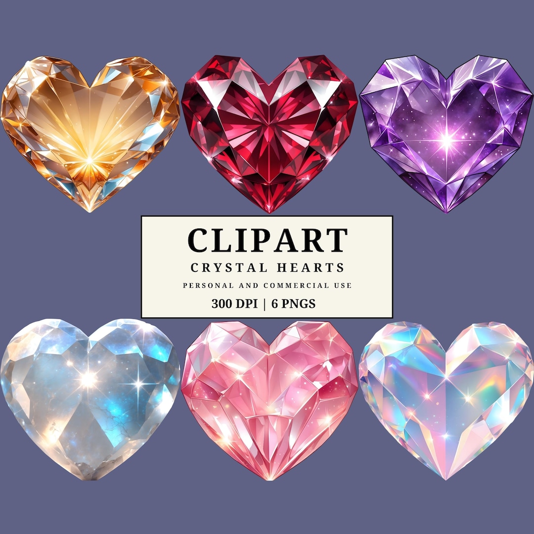 Crystal Heart Clipart Pack – Magical Faceted Gem Hearts for Valentine’s ...
