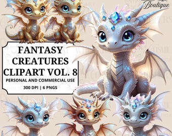 Fantasy Dragon Clipart, Cute Baby Dragon PNGs, Crystal Dragon Clipart, Magical Creatures Digital Download