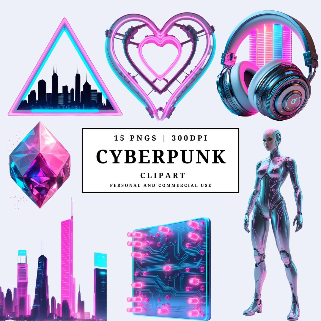Cyberpunk Neon Clipart | Futuristic PNG Set in Neon Pink and Blue ...