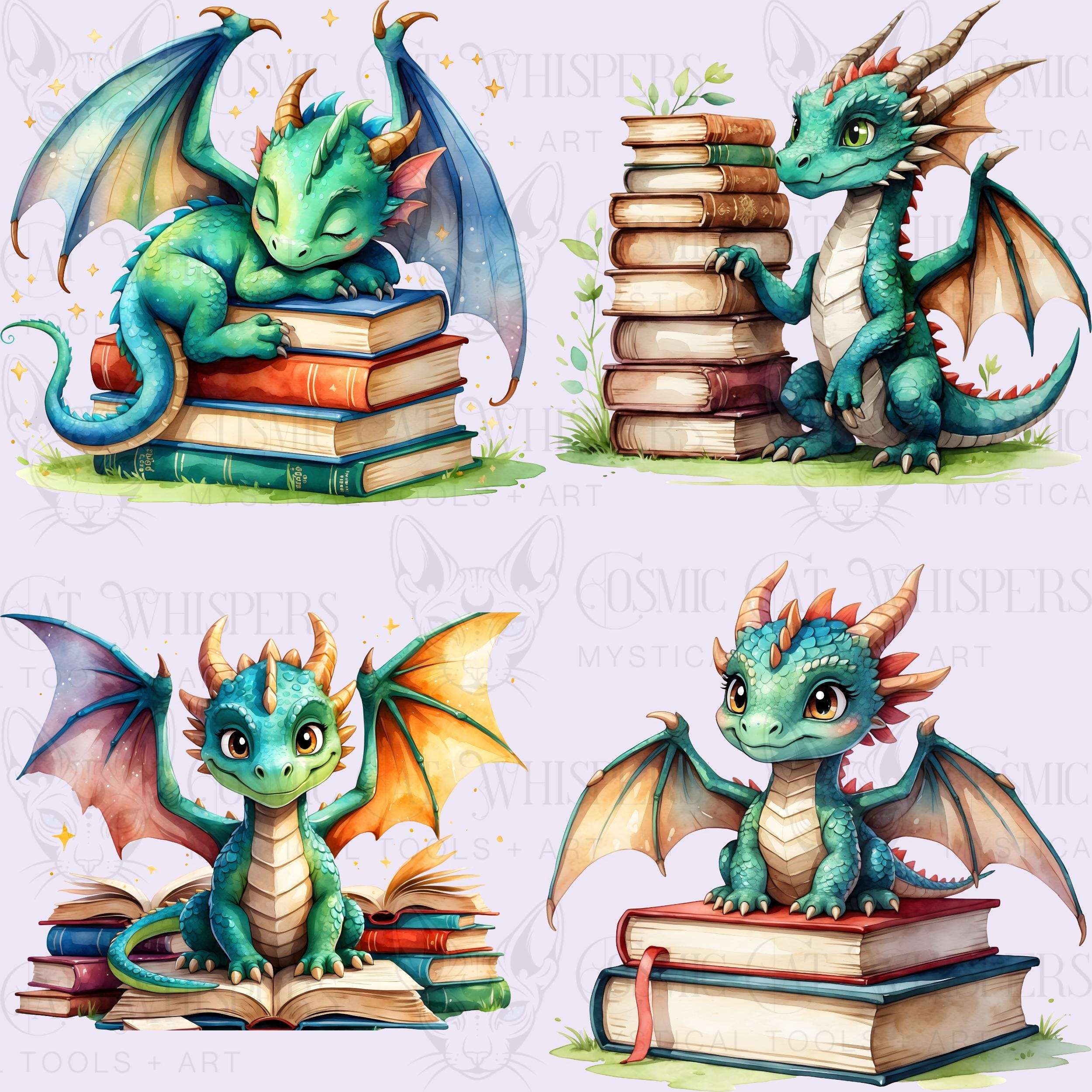 Book Dragon Clipart | Cute Fantasy Dragons With Books & Reading Quotes ...