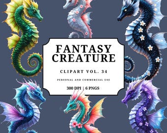 Fantasy Seahorse Dragon Clipart Vol. 34 | Mythical Sea Creature PNGs | Ocean Fantasy Art | Commercial Use
