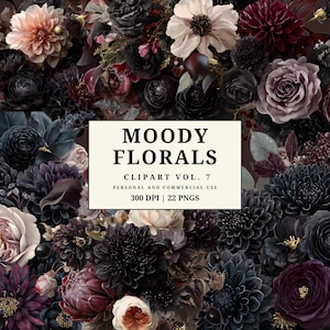 Stimmungsvolles Blumen Clipart Paket | Dunkle Dahlie Rose Calla Lilie Blumensträuße Rahmen Grenzen | 24 PNG | Gothic Blumen Digitaler Download