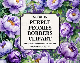 Purple Peonies Borders Clipart | Watercolor Floral Border PNGs | Wedding Invitations, Scrapbooking, Card Making