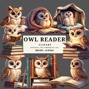 Op de afbeelding: Een digitale clipartafbeelding met verschillende cartoonuilen in verschillende poses. Sommige uilen lezen boeken, andere zitten op stapels boeken of in de buurt van boekenplanken. De afbeelding bevat de tekst "OWL READER CLIPART" en details over het gebruik ervan.