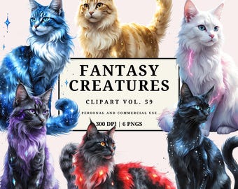 Fantasy Cats Clipart | Celestial Cat Watercolor PNGs | Mystical Animal Art | Galaxy Feline Clipart Pack