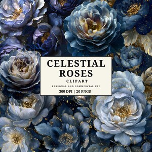 Puede incluir: Imagen de arte digital con rosas azules y doradas. Las rosas, con múltiples capas de pétalos, están en varias etapas de floración. Incluye el texto "CELESTIAL ROSES CLIPART".