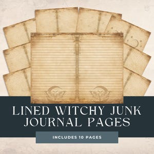 May include: A collection of ten aged-look lined journal pages. The pages are a light brown color with a vintage aesthetic. The text "LINED WITCHY JUNK JOURNAL PAGES" is displayed at the bottom, along with "INCLUDES 10 PAGES".