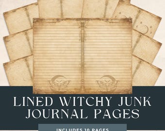 May include: A collection of ten aged-look lined journal pages. The pages are a light brown color with a vintage aesthetic. The text "LINED WITCHY JUNK JOURNAL PAGES" is displayed at the bottom, along with "INCLUDES 10 PAGES".