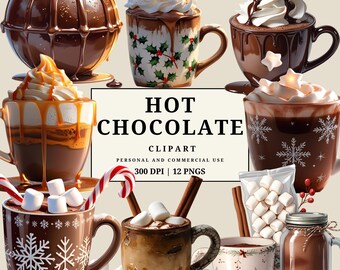 Hot Chocolate Clipart Set | Cozy Winter Cocoa PNGs | 12 Festive Mug Illustrations | Holiday Drink Art