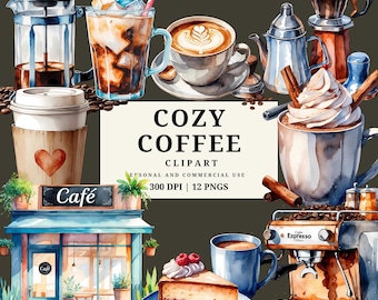 Gemütlicher Kaffee & Café Aquarell Clipart | Coffee Shop PNGs | Latte Art, Gebäck und Espresso Illustrationen | 12 PNG Dateien