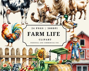 Lot de cliparts aquarelle animaux de la ferme | 24 illustrations de ferme PNG | Tracteur de grange Vache Cheval Cochon Poulet Chèvre Mouton