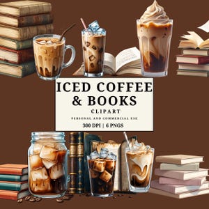 May include: An illustration featuring various iced coffee drinks with ice cubes, straws, and whipped cream, alongside stacks of books and open books. The image includes the text "ICED COFFEE & BOOKS" and "CLIPART".