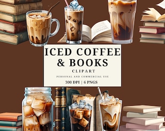 Iced Coffee and Books Clipart Set | Cozy Reading Aesthetic PNG | Book Lover Coffee Art | Cafe Reading Digital Download