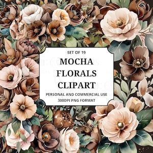 Puede incluir: Ilustración digital de un diseño floral con flores color moca y hojas verdes. La imagen incluye el texto "MOCHA FLORALS CLIPART" y "PERSONAL AND COMMERCIAL USE". La imagen está en formato PNG 300DPI.