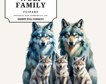 Wolf Family Watercolor Clipart | Woodland Wolves PNG | Forest Animal Pack Digital Download