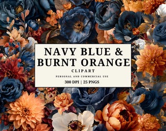 Navy Blue & Burnt Orange Floral Clipart Bundle • Baroque Painted Flowers • Fall Wedding Clipart • Dark Floral PNGs