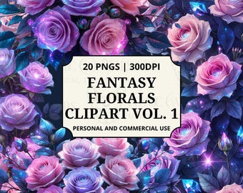Fantasy Rose Clipart, Purple Pink Blue Flowers PNG, Crystalline Floral Clipart, Fantasy Florals Bouquet Digital Download