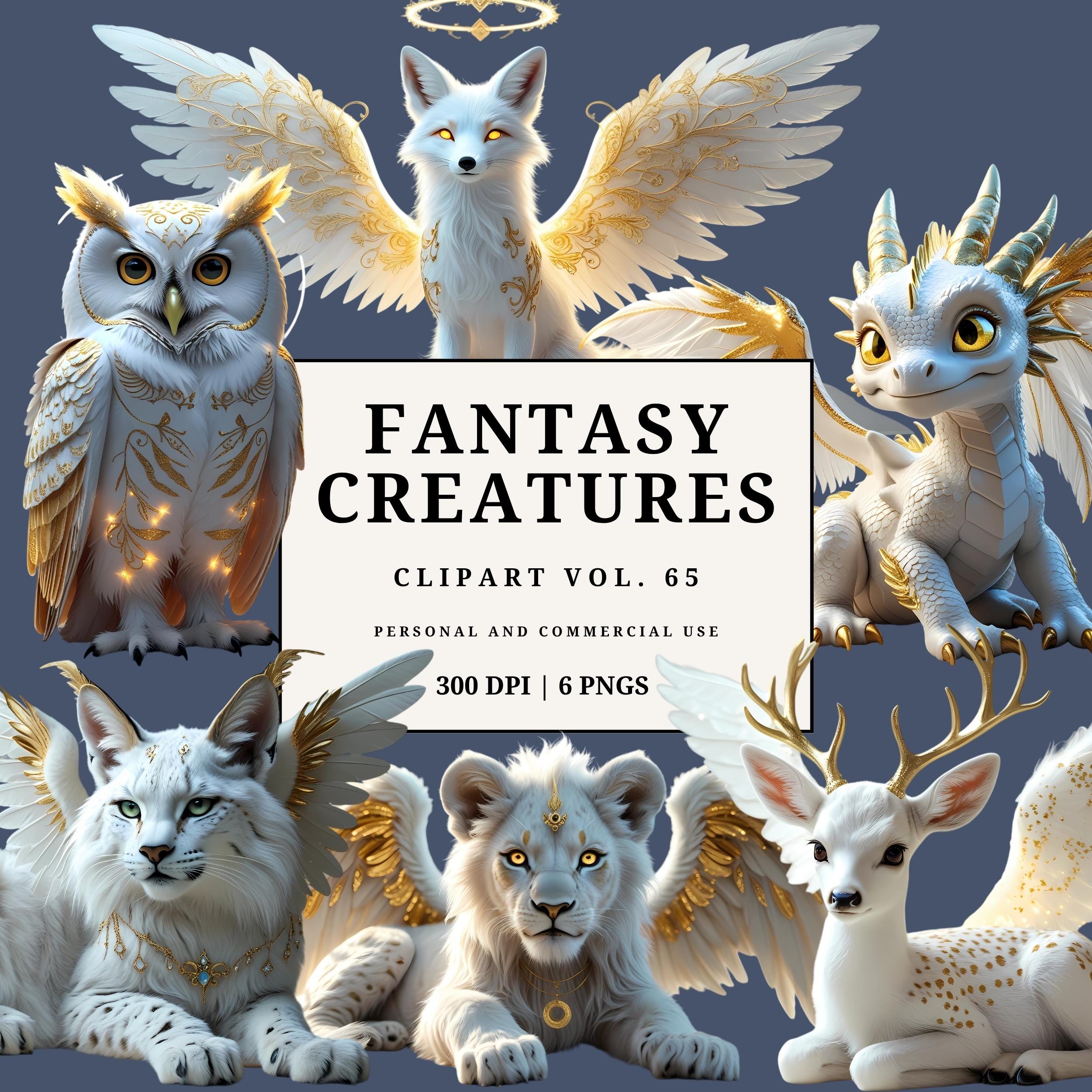 Angelic Fantasy Creatures Clipart | White & Gold Celestial Animals With ...