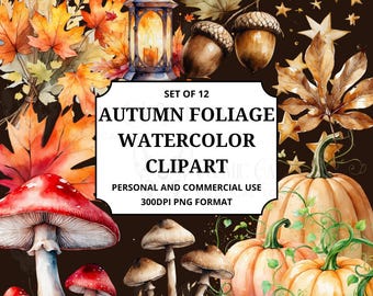 Herfst aquarel clipartset | Pompoenen met wijnstokken, bladeren, eikels, champignons, herfstbundel