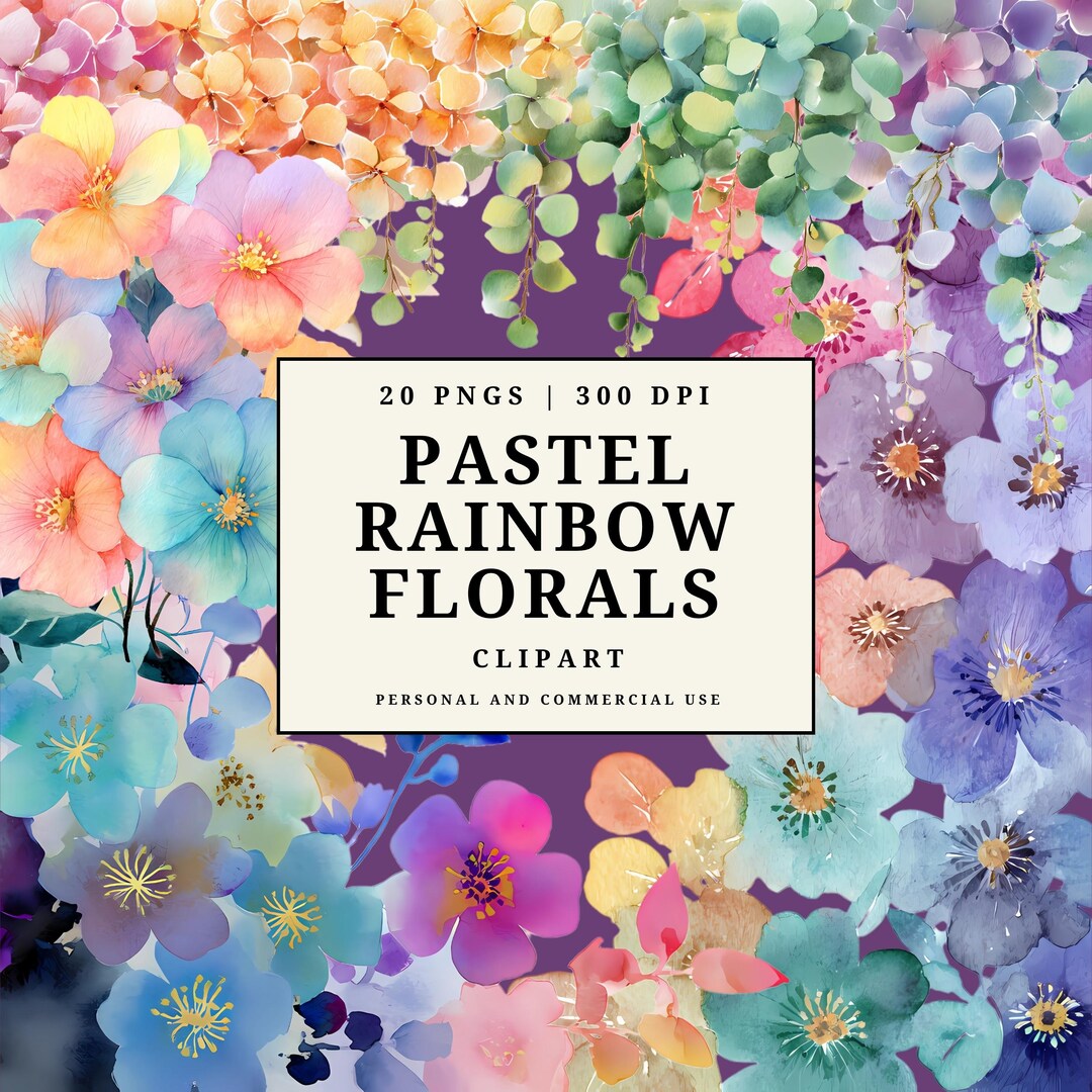 Pastel Rainbow Floral Clipart Watercolor Flower Pngs Soft Spring Blooms ...
