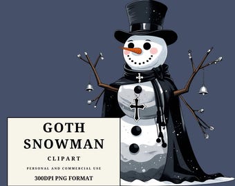 Gotisk snögubbe Clipart PNG | Gotisk julsnögubbekonst | Mörk semesterillustration | Top Hat-snögubbe | 300 DPI PNG