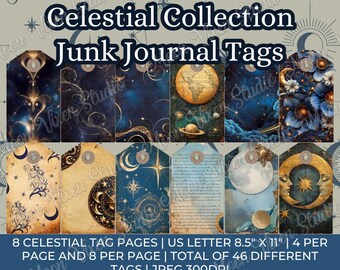 Puede incluir: Una colección de etiquetas de diario basura con temática celestial. Las etiquetas presentan diseños con lunas, estrellas, planetas y patrones arremolinados en tonos azules, dorados y crema. El texto de la imagen dice "Celestial Collection Junk Journal Tags".