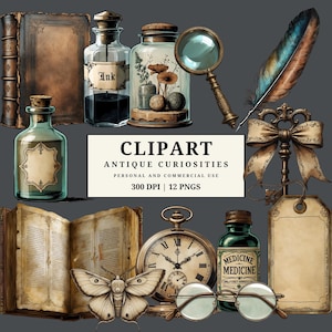 May include: An assortment of antique curiosities, including a magnifying glass, ink bottle, pocket watch, and open book. The image also features a feather quill, a decorative key, and a bottle labeled "Medicine". The text "CLIPART ANTIQUE CURIOSITIES" is visible.