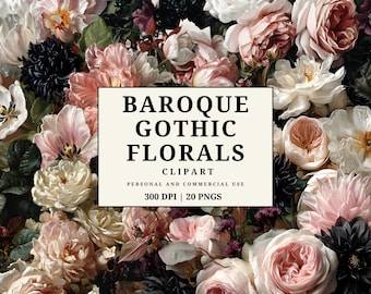 Barock Gothic Blumen Clipart | Dunkel Romantische Blumen | Vintage Gothic Rosen | Stimmungsvolle Blumen PNG | Gotische botanische Kunst