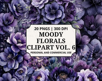 Moody Dark Purple Flowers Clipart Vol. 6 – Dark Watercolor Floral PNGs, Gothic Floral Clip Art, Purple Botanical PNG Set