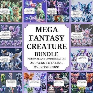 Puede incluir: Un paquete de arte digital con varias criaturas fantásticas, incluyendo gatos alados, dragones y hadas. La colección incluye 25 paquetes con más de 150 imágenes PNG, aptas para uso personal y comercial. La obra de arte es colorida y detallada.