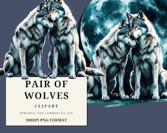 Clipart de pareja de lobos • Versión con fondo de luna incluida • Lobos, vida silvestre PNG