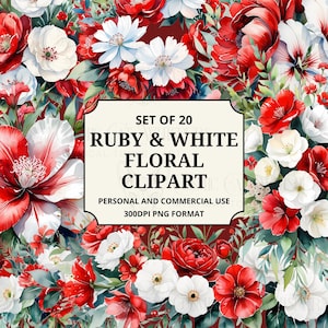 Może przedstawiać: Żywy cyfrowy zestaw clipartów kwiatowych z rubinowymi i białymi kwiatami. Projekt zawiera różne rodzaje kwiatów z zielonymi liśćmi na ciemnoczerwonym tle. Obraz zawiera tekst "SET OF 20 RUBY & WHITE FLORAL CLIPART".