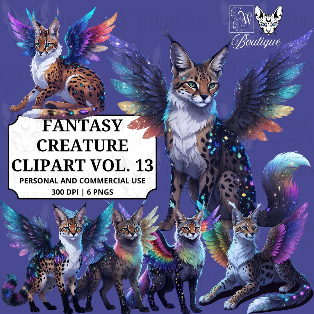 Fantasy Winged Cat Clipart | Galaxy Serval Cats With Celestial Wings ...