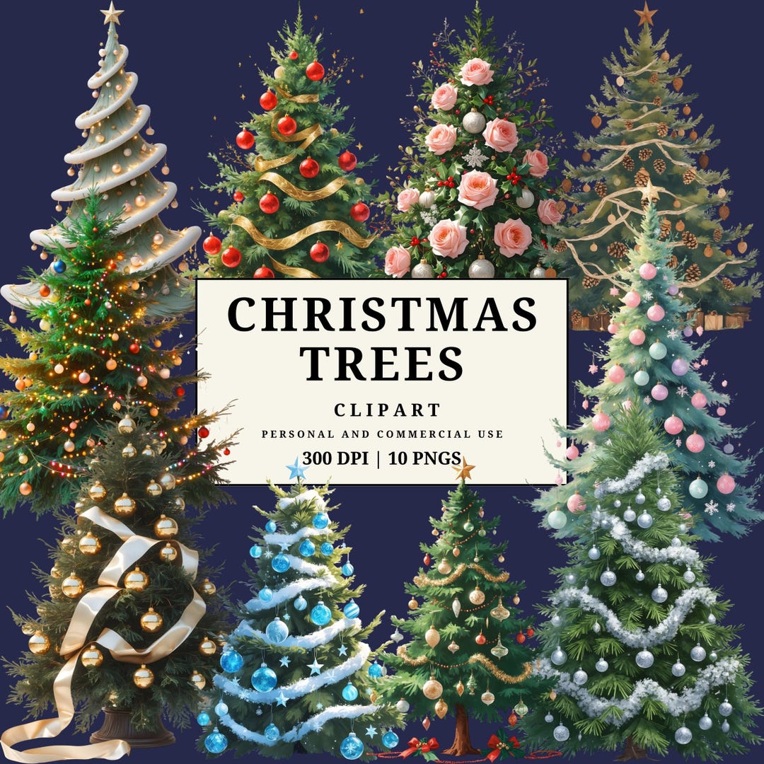 Watercolor Christmas Trees Clipart, Decorated Holiday Tree Pngs, Winter ...