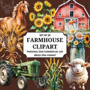 Farmhouse Country Clipart | 20 Rustic Farm Animals, Barn, Tractor, Sunflowers PNGs | 300 DPI Transparent Background