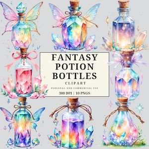 May include: A selection of fantasy potion bottles with vibrant, geometric designs. Some bottles feature fairy wings, ribbons, and crystals. The image includes the text "FANTASY POTION BOTTLES CLIPART".