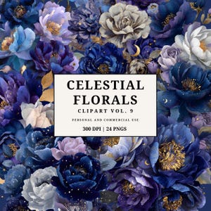 Op de afbeelding: Een digitaal kunstwerk met hemelse bloemmotieven in blauw, paars en wit. De afbeelding bevat de tekst "CELESTIAL FLORALS CLIPART VOL. 9" en details over persoonlijk en commercieel gebruik, 300 DPI en 24 PNG's.