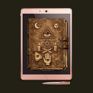 Antique occult book with mystical symbols displayed on a tablet screen to show digital clipart scale and detail.