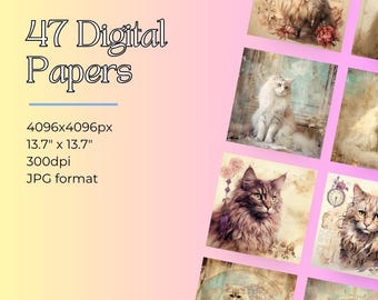 Vintage Cat Digital Papers | 47 Junk Journal Backgrounds | Floral Antique Ephemera Cat Pages | Scrapbook Printable Kit