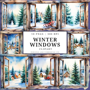 Könnte beinhalten: Aquarell-Clipart mit Winterszenen, die durch rustikale Holzfenster betrachtet werden. Die Szenen umfassen schneebedeckte Landschaften, immergrüne Bäume, gemütliche Hütten und einen Schneemann. Der Text lautet "Winter Windows Clipart".